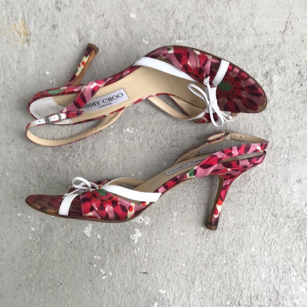 Jimmy Choo Red Floral Slingback Heels with White Bow - Picture 2 of 7